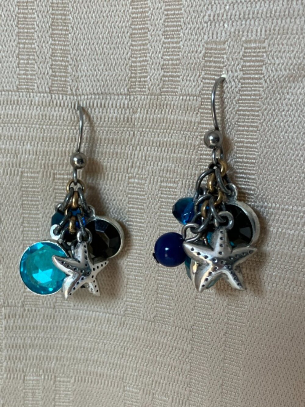 Boho Silver Starfish with Blue And Green Beads Coastal Cluster Dangle Earrings